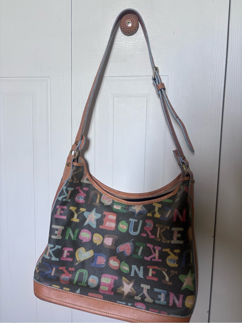 Dooney & Bourke Multicolor Letter-Print Hobo with Tan Trim Y2K